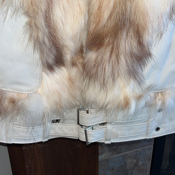 GORGEOUS Ivory genuine leather moto jacket coat fur trim studded sharif size L - Picture 16 of 17